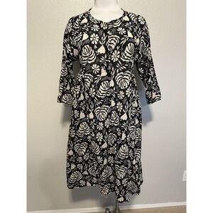 Gudrun Sjoden Floral Black Cream Woven Cotton Lagenlook Tunic Pocket Dress XS